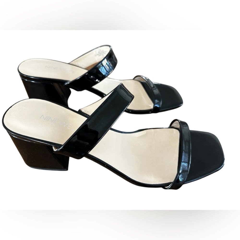 Nine West Women’s Galvin Black Patent Block Heel Sandals - Size 9, 2.5 inch heel